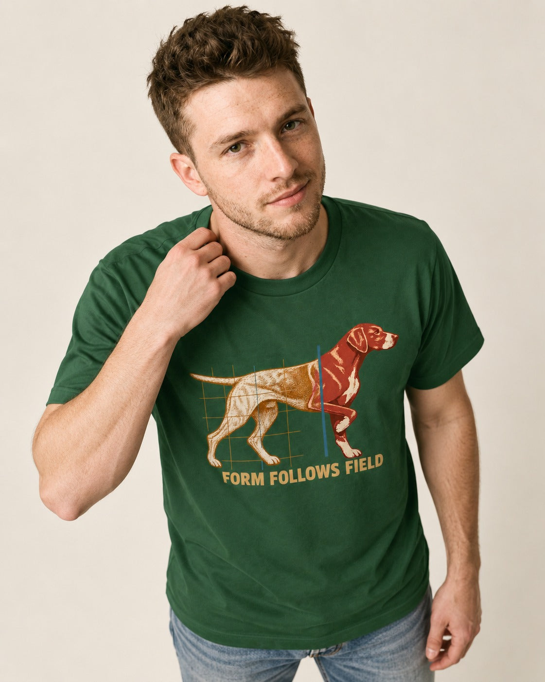 German Shorthaired Pointer Form Follows Field Grid Graphic T-Shirt in Forest Green, worn by a model