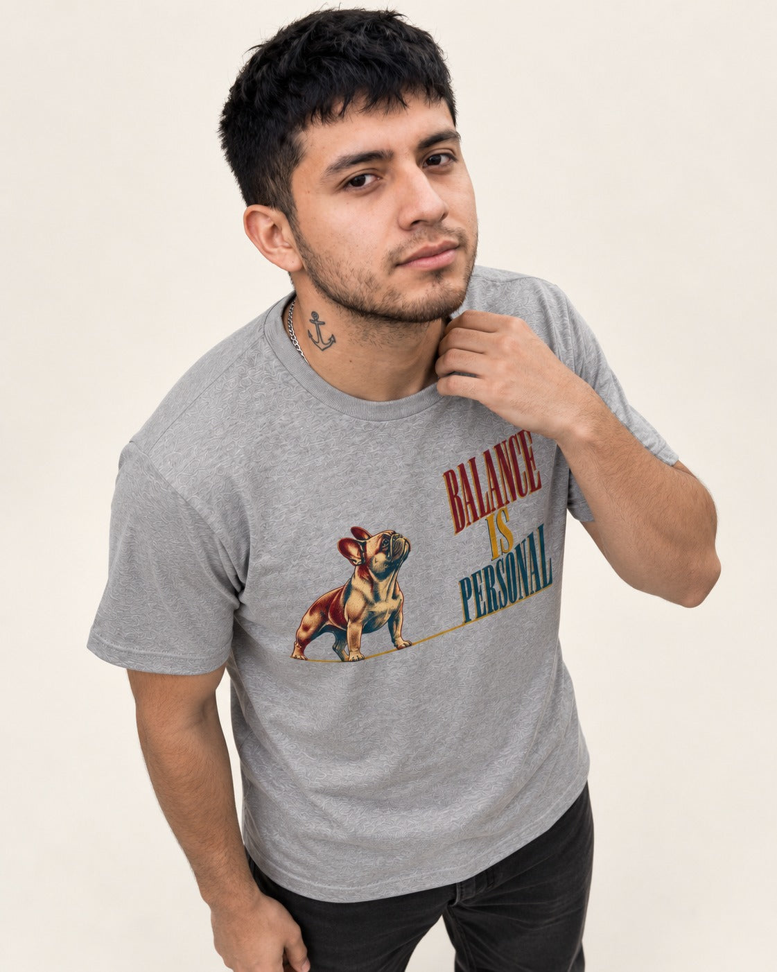 Frenchie Balance Is Personal T-Shirt in Sport Grey, worn by a model