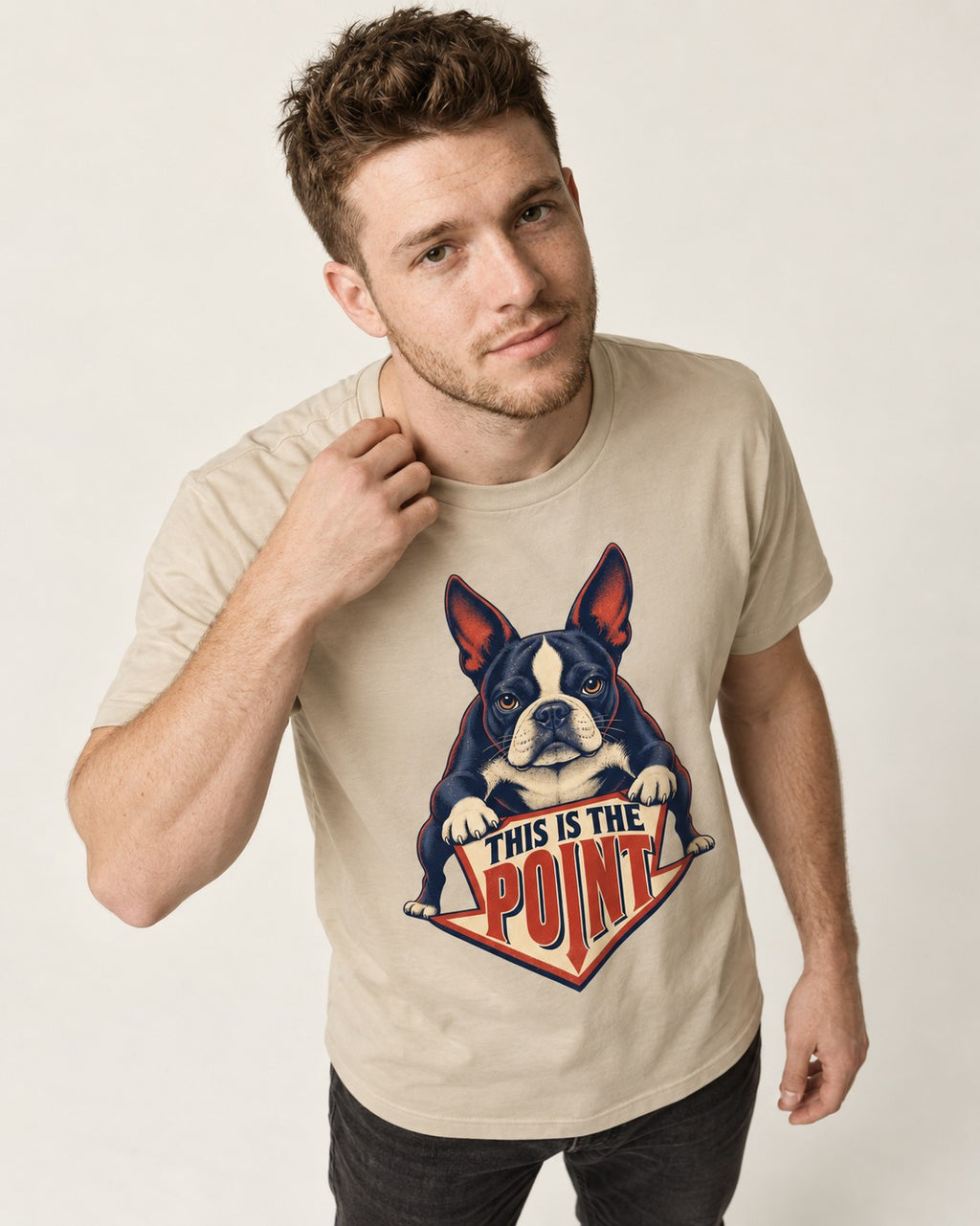 Boston Terrier Is the Point T-Shirt in Sand, worn by a model