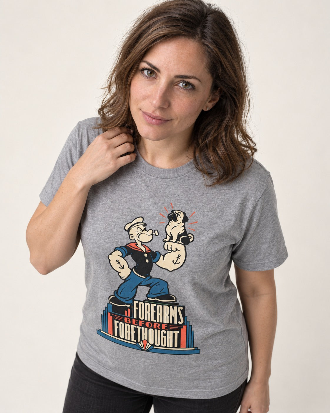 Pug Forearms Before Forethought T-Shirt in Sport Grey, worn by a model