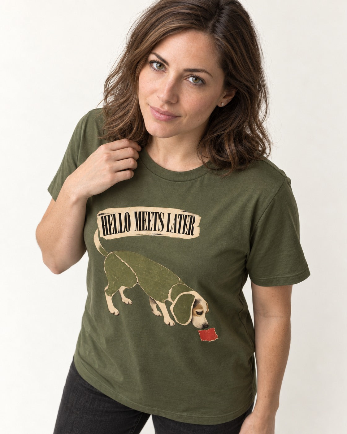 Twenty Minutes Later Beagle T-Shirt in Heather Military Green, worn by a model
