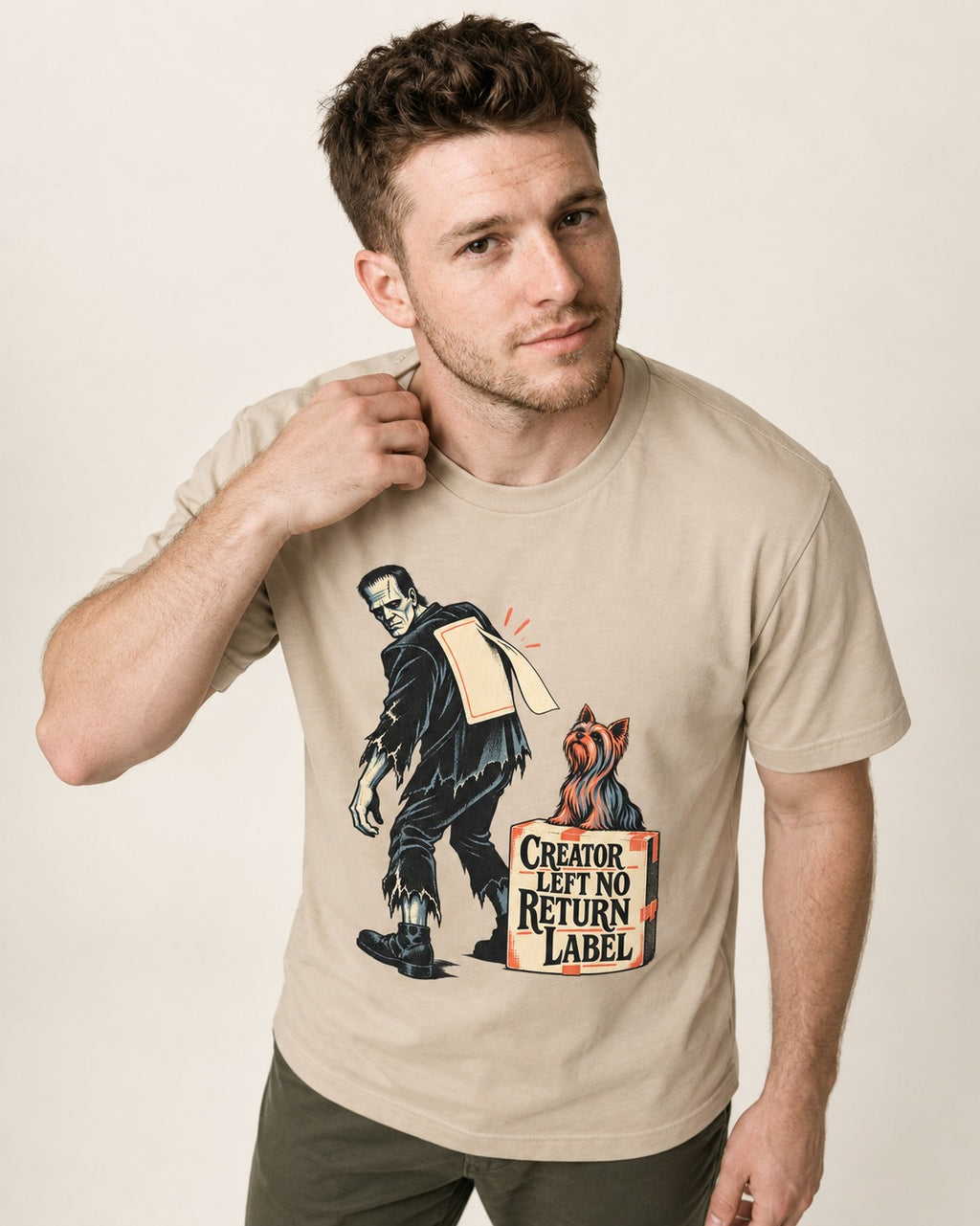 No Return Label Yorkshire Terrier T-Shirt in Sand, worn by a model