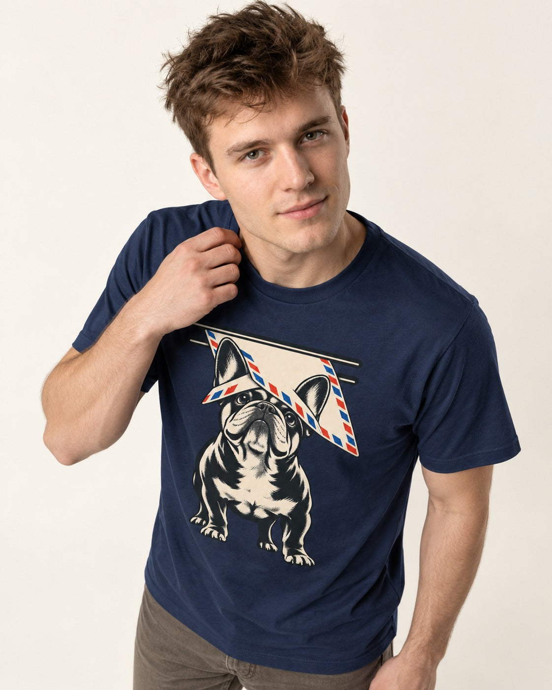 Frenchie Mail Slot Intercept Graphic T-Shirt in Navy, worn by a model