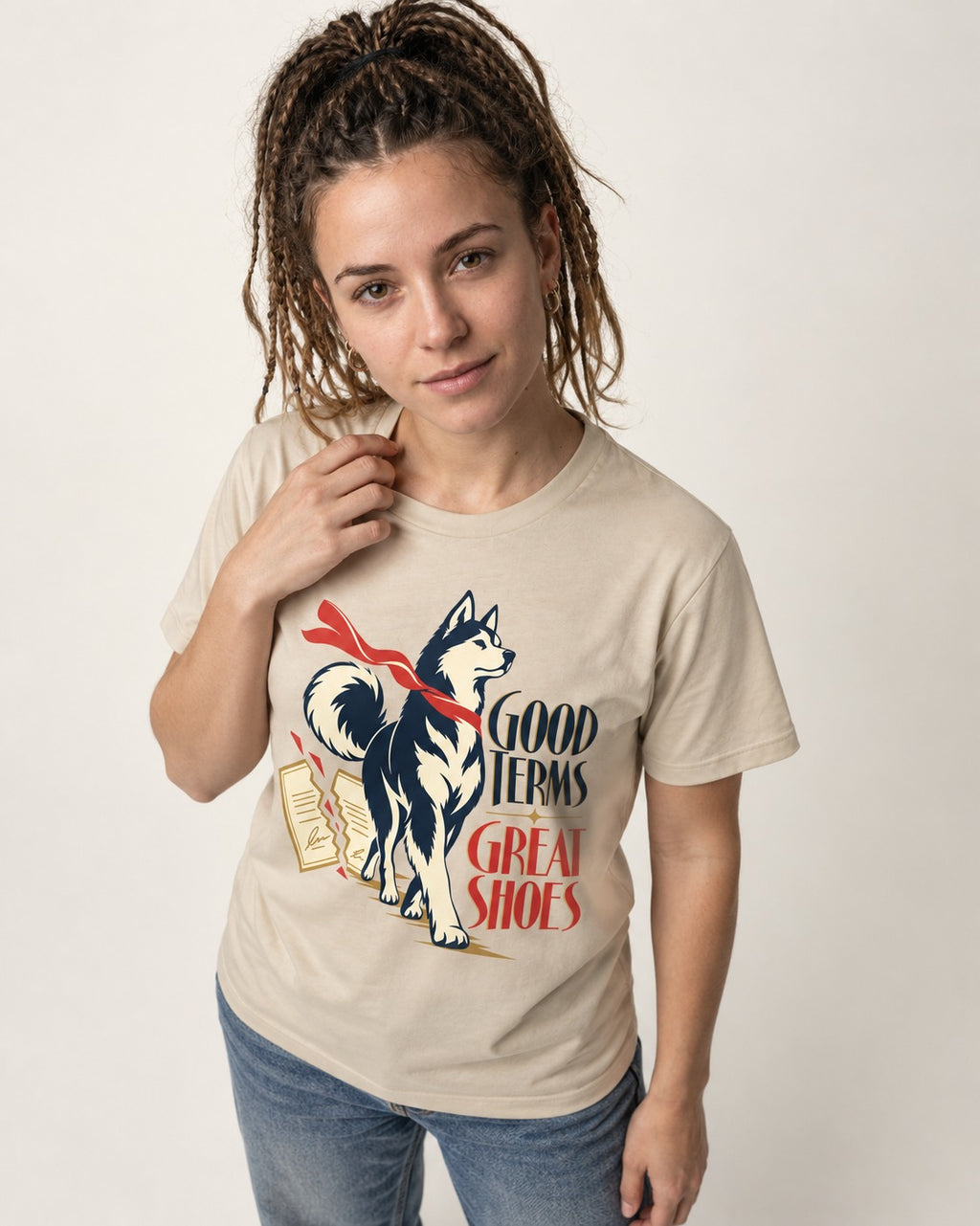 Husky Good Terms Great Shoes T-Shirt in Sand, worn by a model