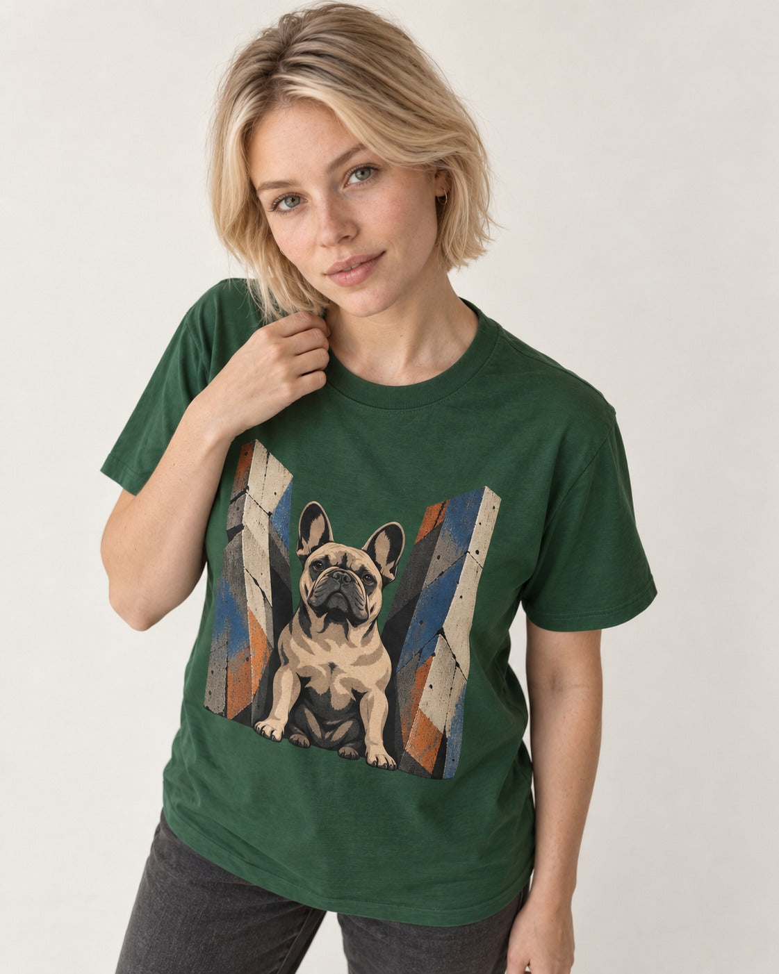 Frenchie Concrete Diplomat Barrier Portrait T-Shirt in Forest Green, worn by a model
