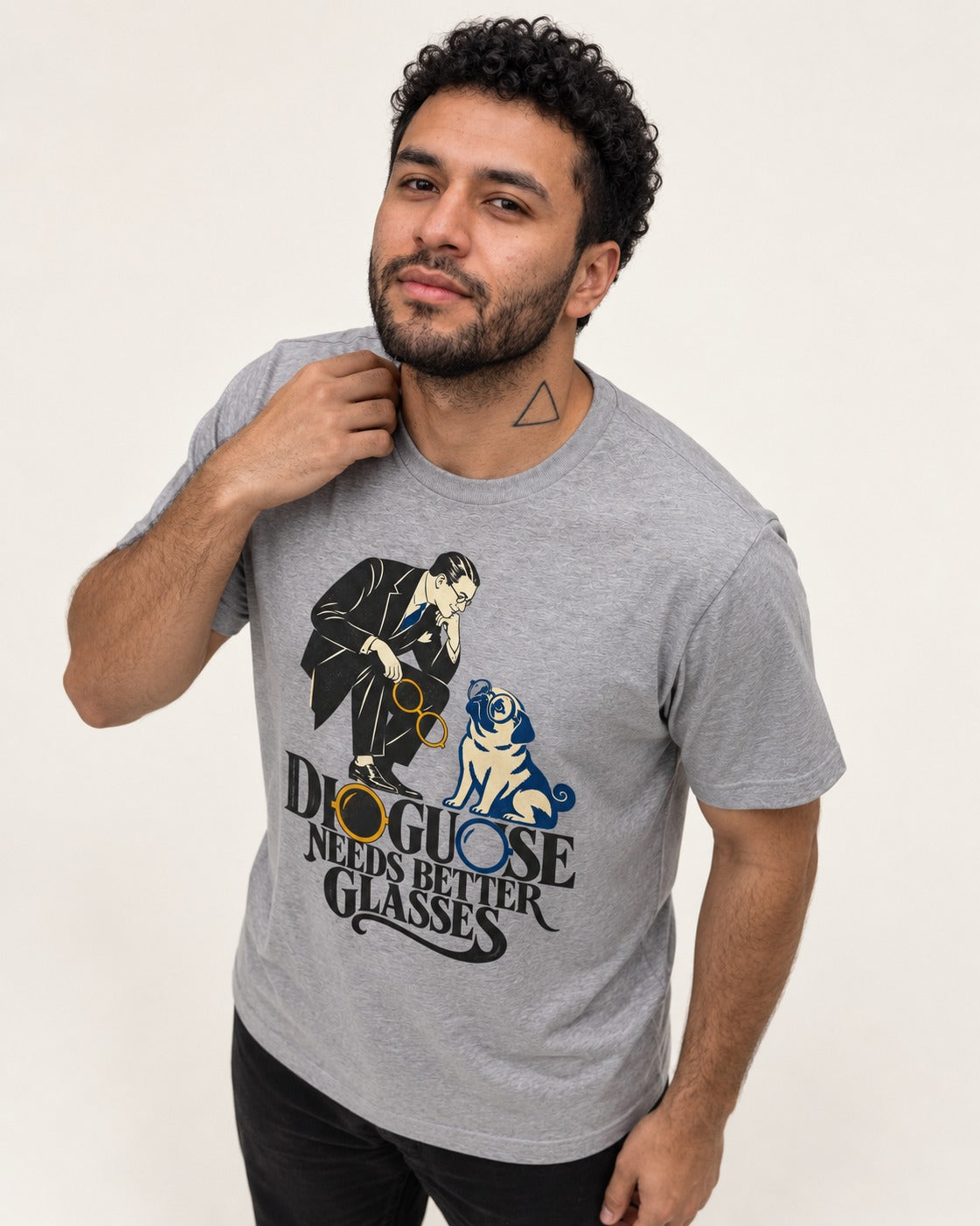 Pug Needs Better Glasses T-Shirt in Sport Grey, worn by a model