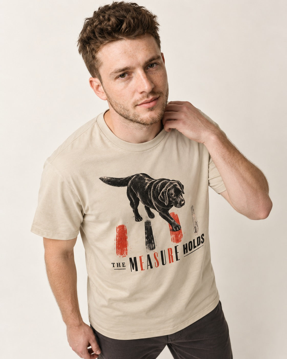 Labrador Retriever The Measure Holds T-Shirt in Sand, worn by a model