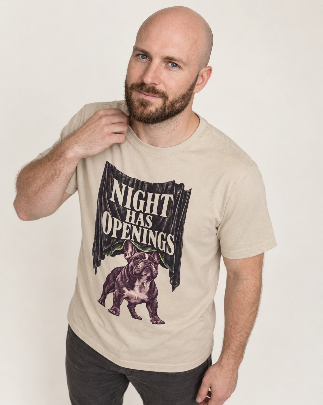 Night Has Openings Frenchie T-Shirt in Sand, worn by a model