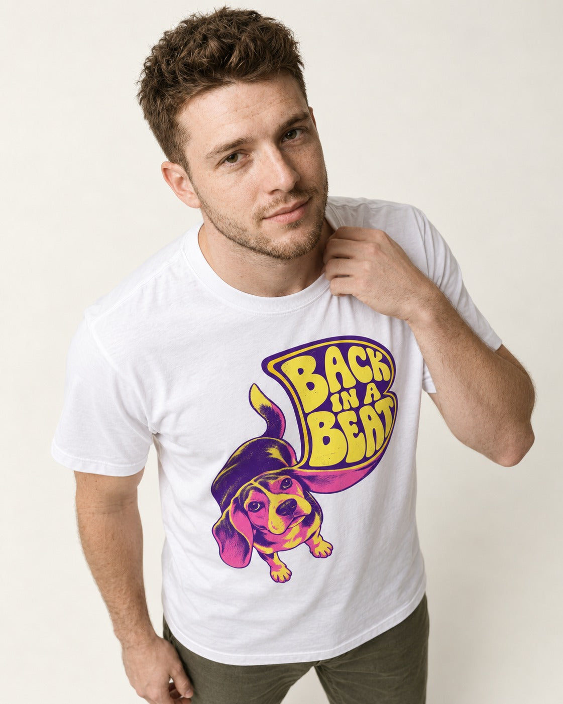 Groovy Beagle Back In A Beat T-Shirt in White, worn by a model