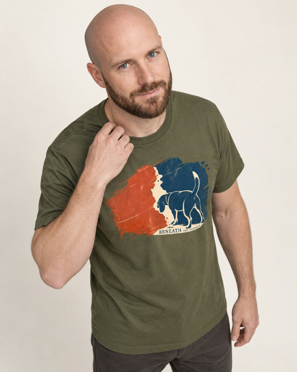 Beagle Beneath The Surface Scent Trail T-Shirt in Heather Military Green, worn by a model