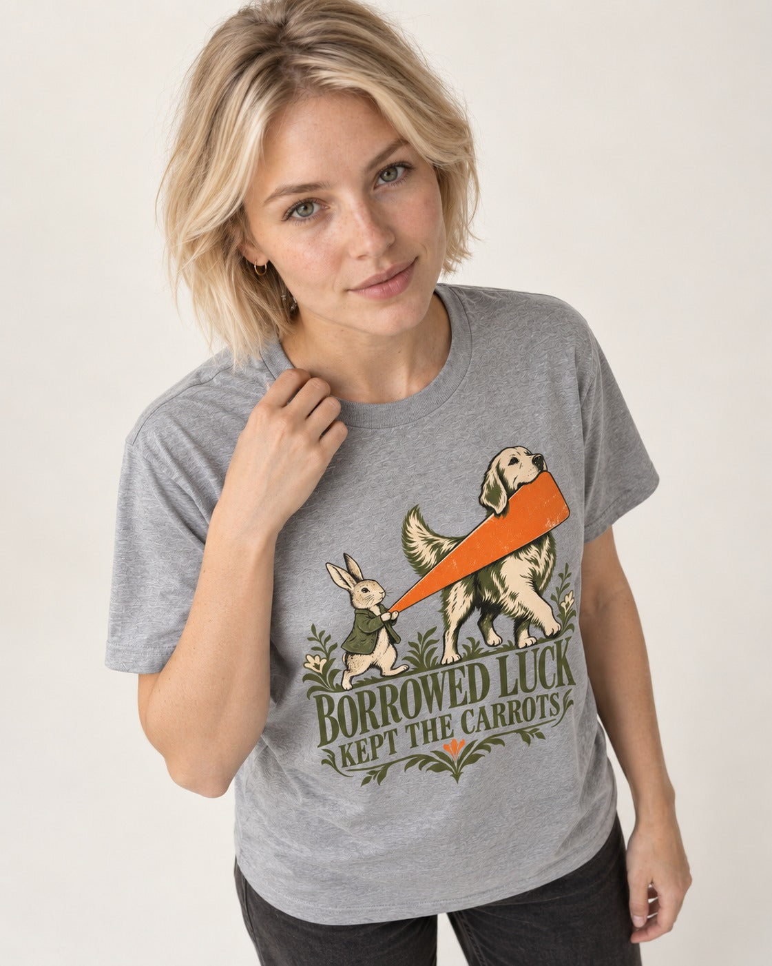 Borrowed Luck Golden Retriever T-Shirt in Sport Grey, worn by a model