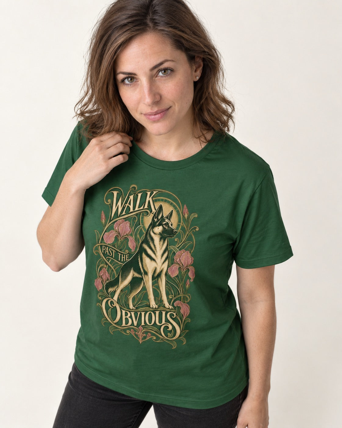 Walk Past The Obvious Art Nouveau German Shepherd Dog Graphic T-Shirt in Forest Green, worn by a model