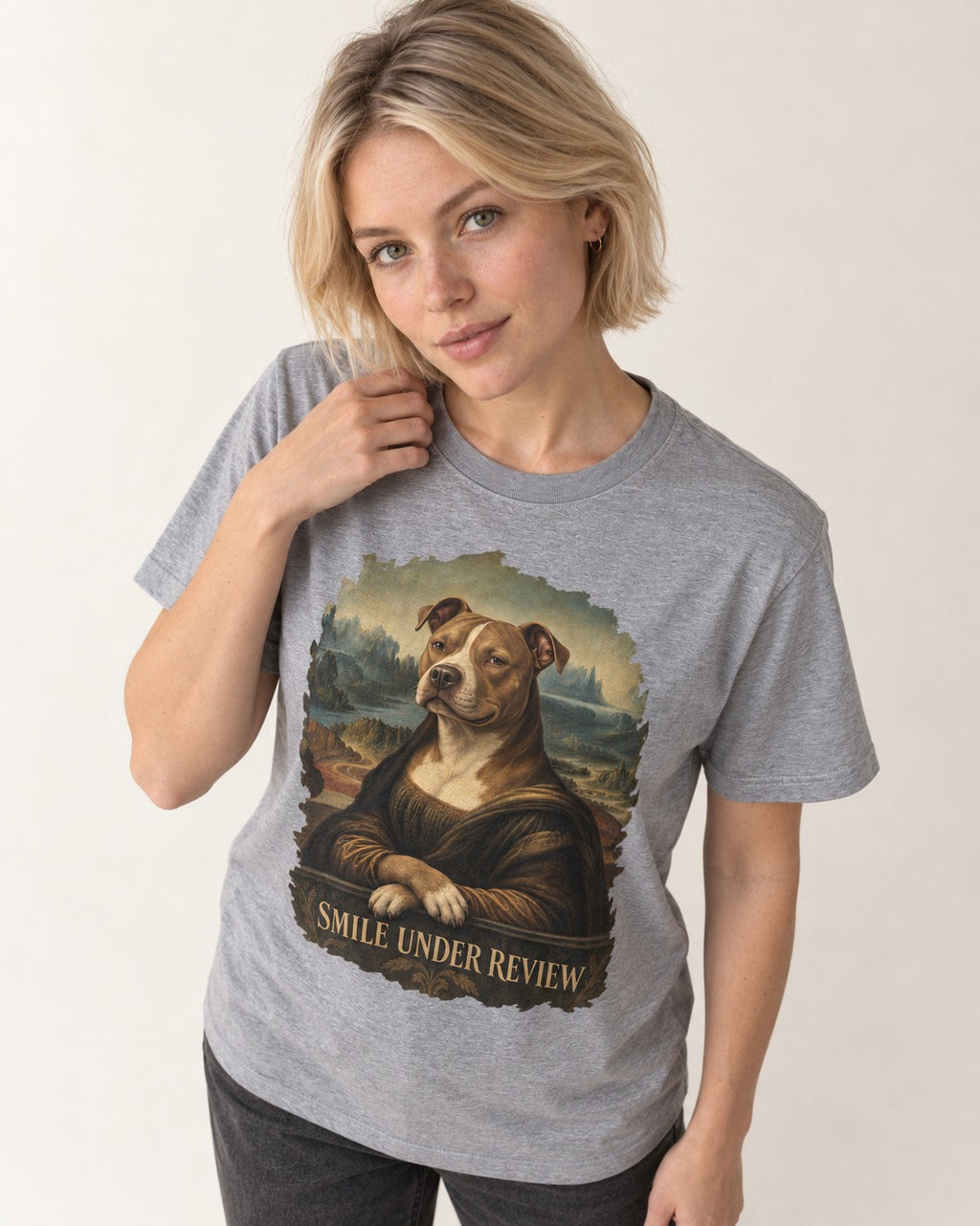 Pitbull Smile Under Review Renaissance Portrait Graphic T-Shirt in Sport Grey, worn by a model