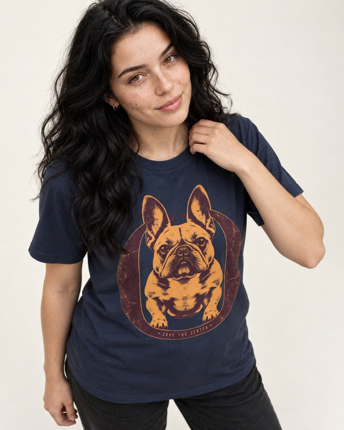 Frenchie Save the Center Oval Portrait Graphic T-Shirt in Navy, worn by a model