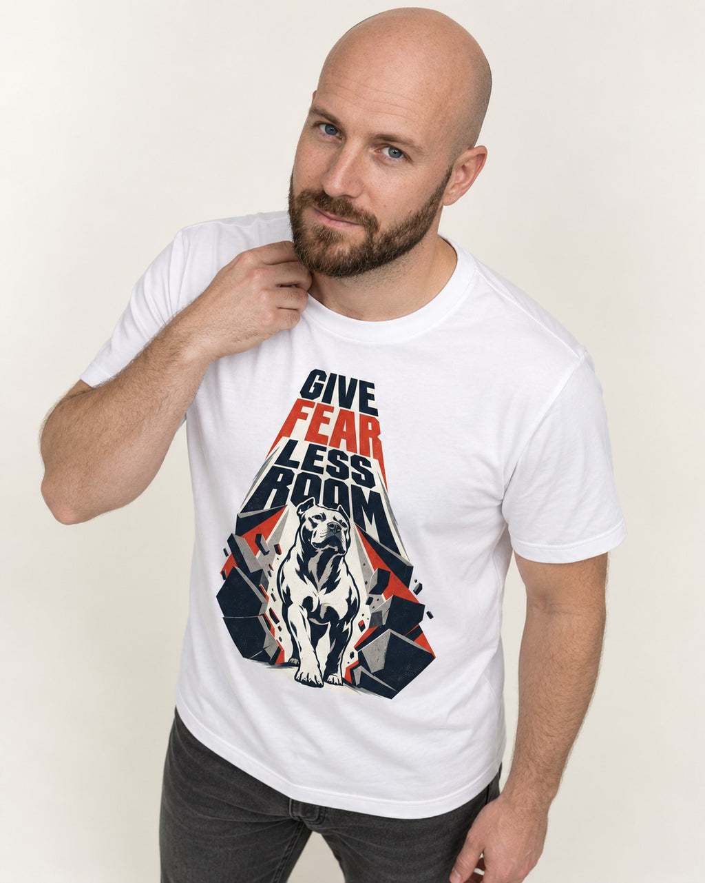 Pitbull Give Fear Less Room Breakthrough Graphic T-Shirt in White, worn by a model