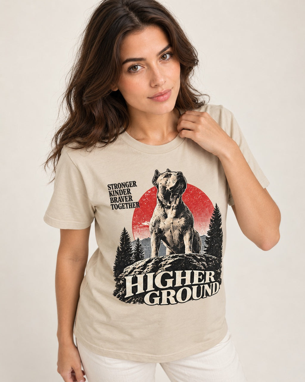 Pitbull Higher Ground T-Shirt in Sand, worn by a model