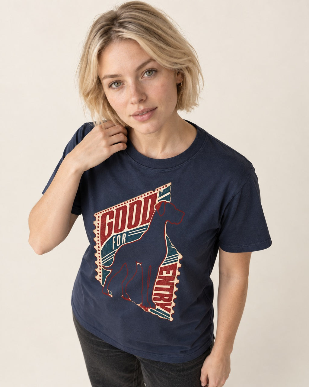 Great Dane Good for Nothing Ticket Cutout Graphic T-Shirt in Navy, worn by a model