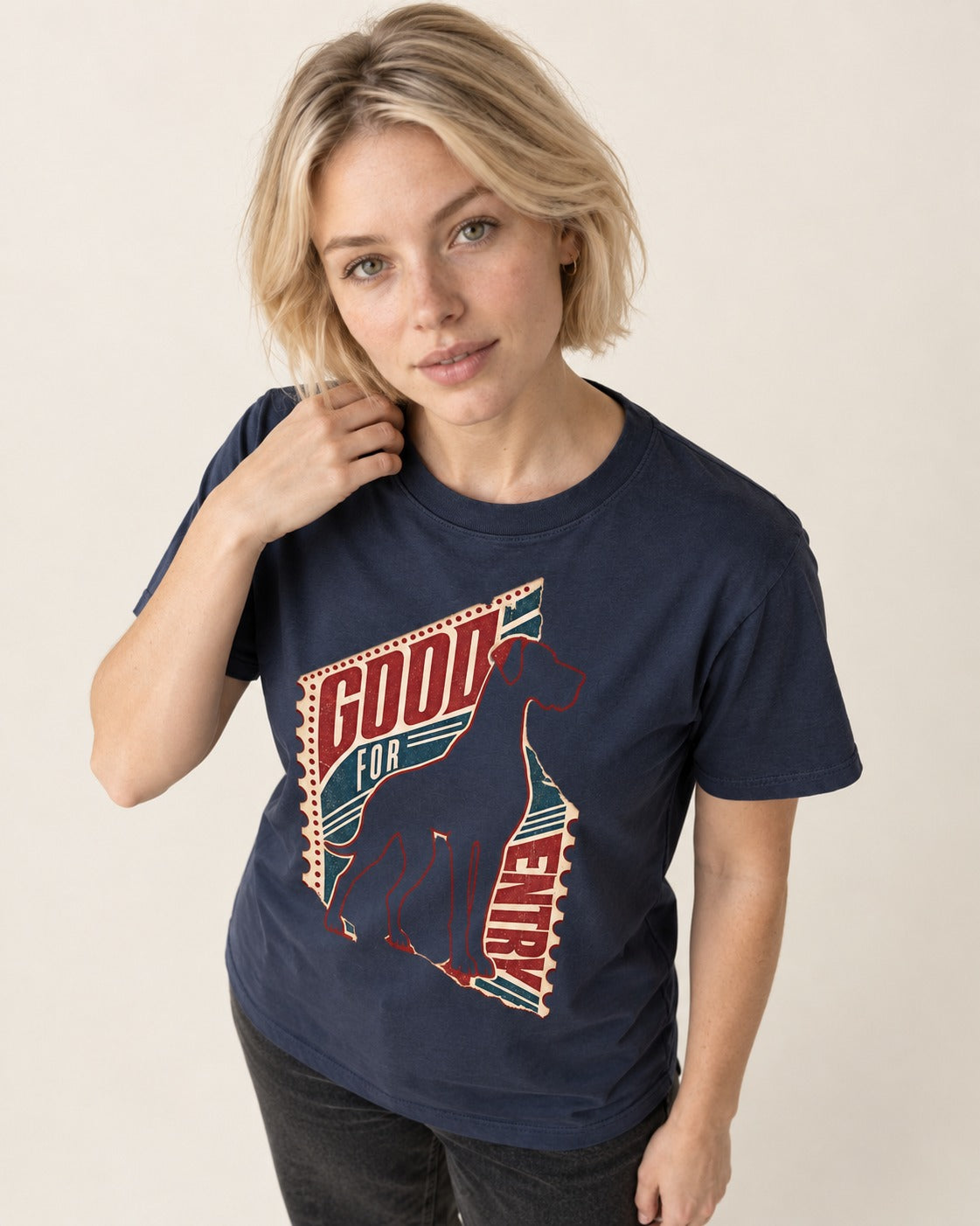 Great Dane Good for Nothing Ticket Cutout Graphic T-Shirt in Navy, worn by a model