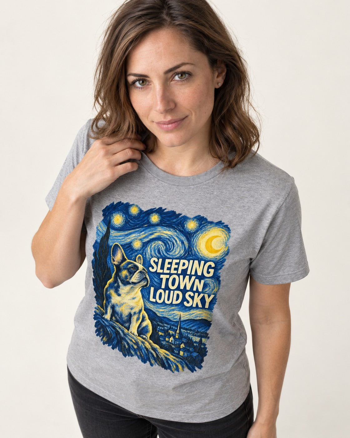 Frenchie Sleeping Town Loud Sky Graphic T-Shirt in Sport Grey, worn by a model