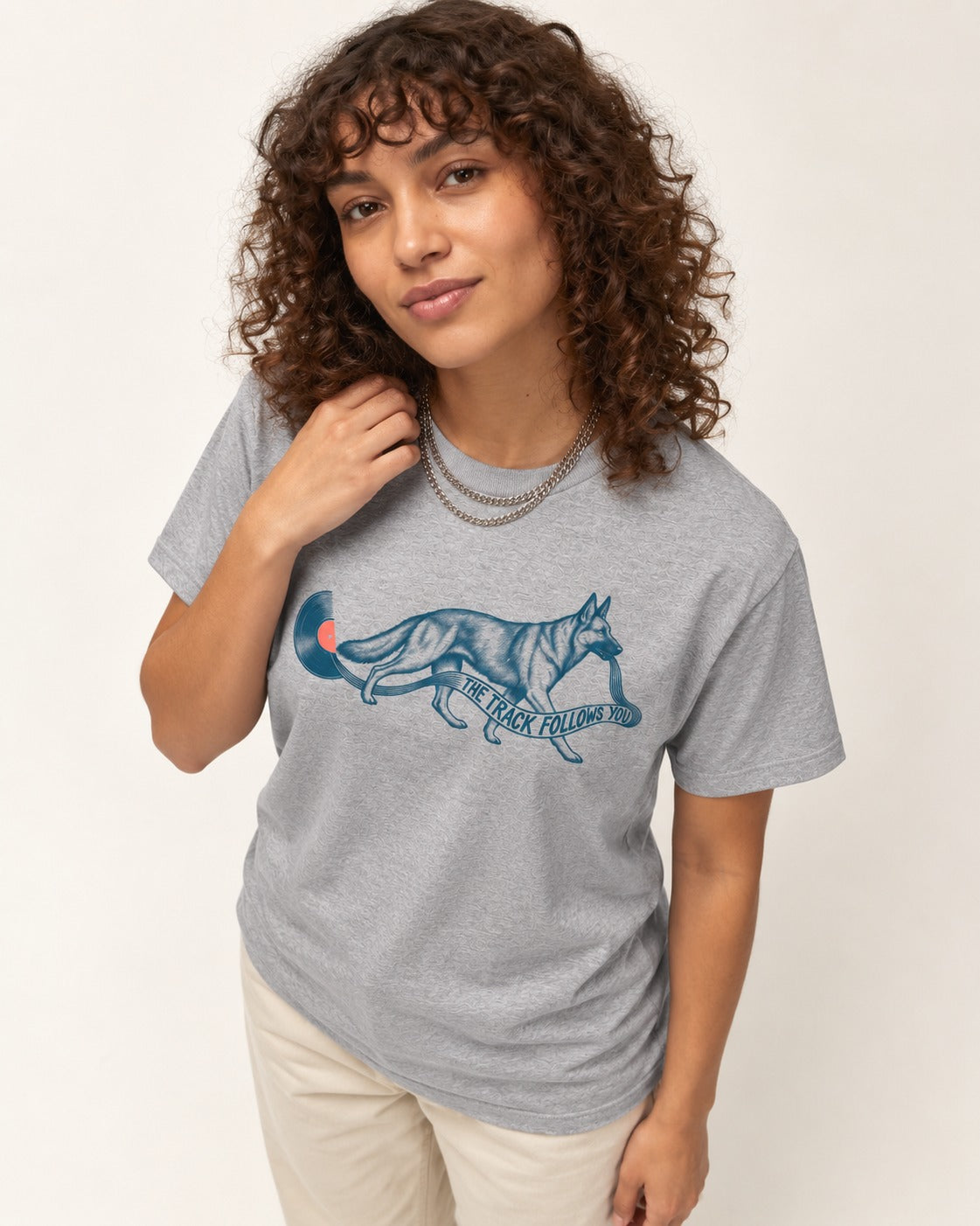 German Shepherd Dog The Track Follows You T-Shirt in Sport Grey, worn by a model