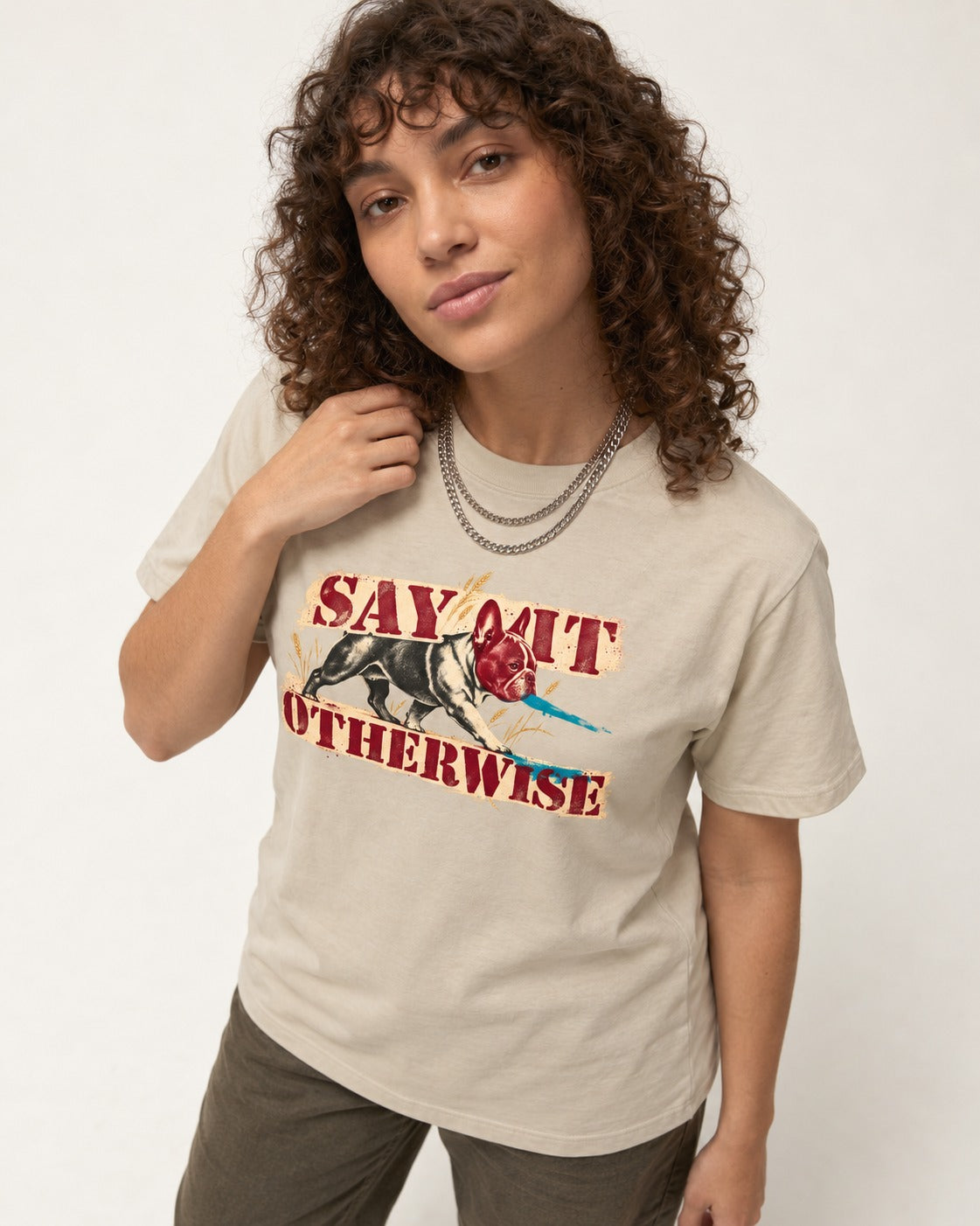 Say It Otherwise Frenchie T-Shirt in Sand, worn by a model
