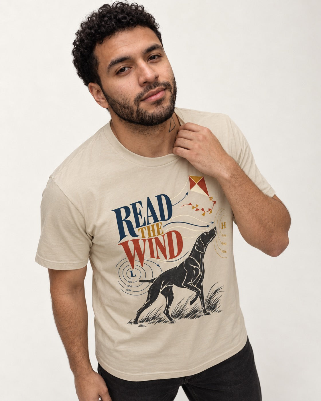 Read the Wind German Shorthaired Pointer T-Shirt in Sand, worn by a model