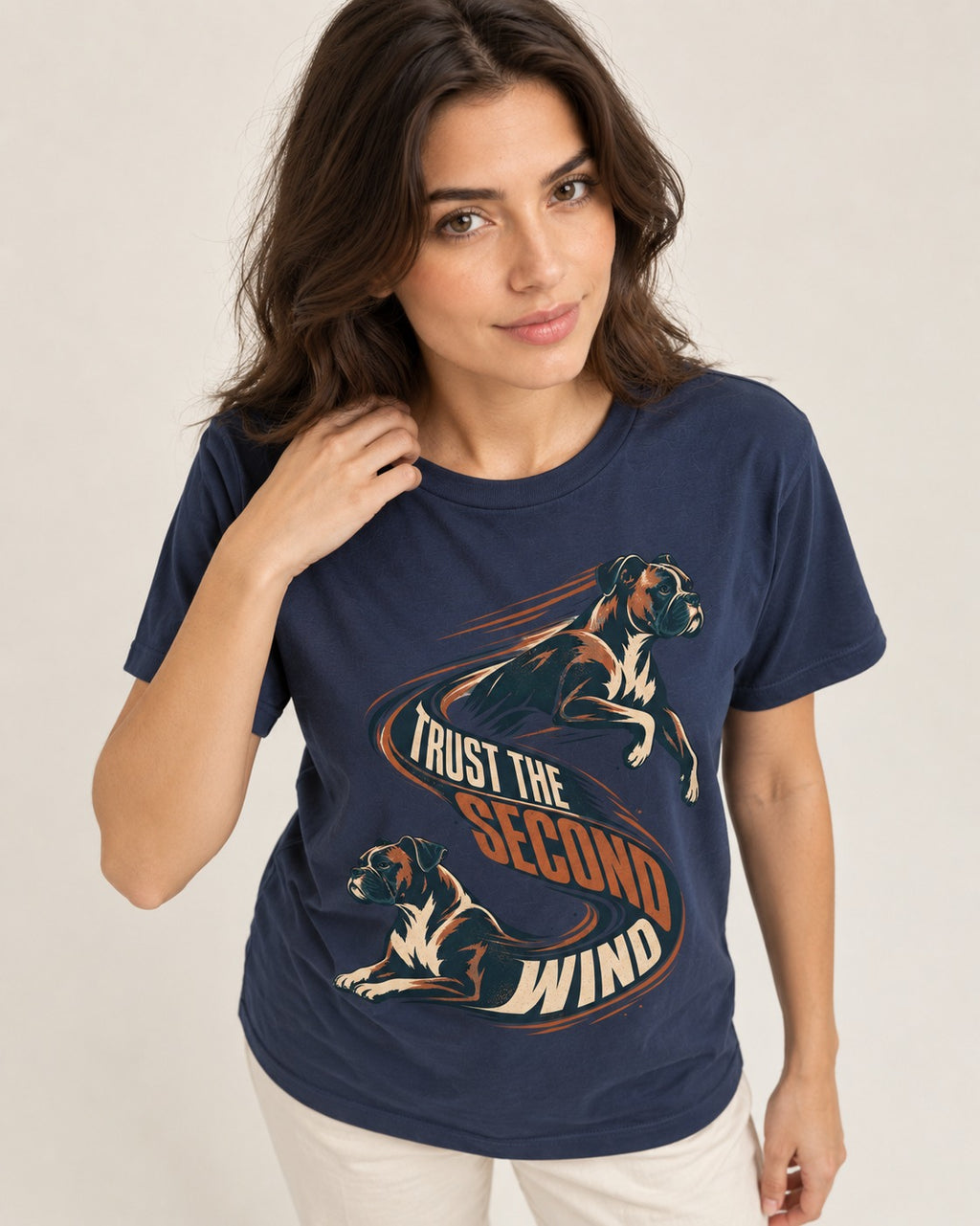 Trust the Second Wind Boxer Motion Graphic T-Shirt in Navy, worn by a model