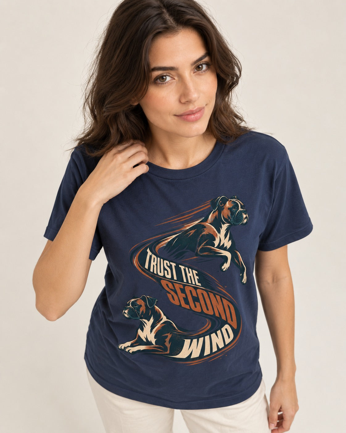 Trust the Second Wind Boxer Motion Graphic T-Shirt in Navy, worn by a model