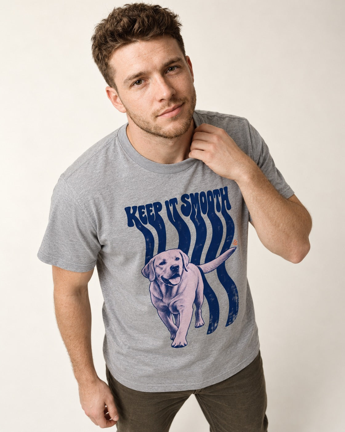 Keep It Smooth Labrador Retriever T-Shirt in Sport Grey, worn by a model