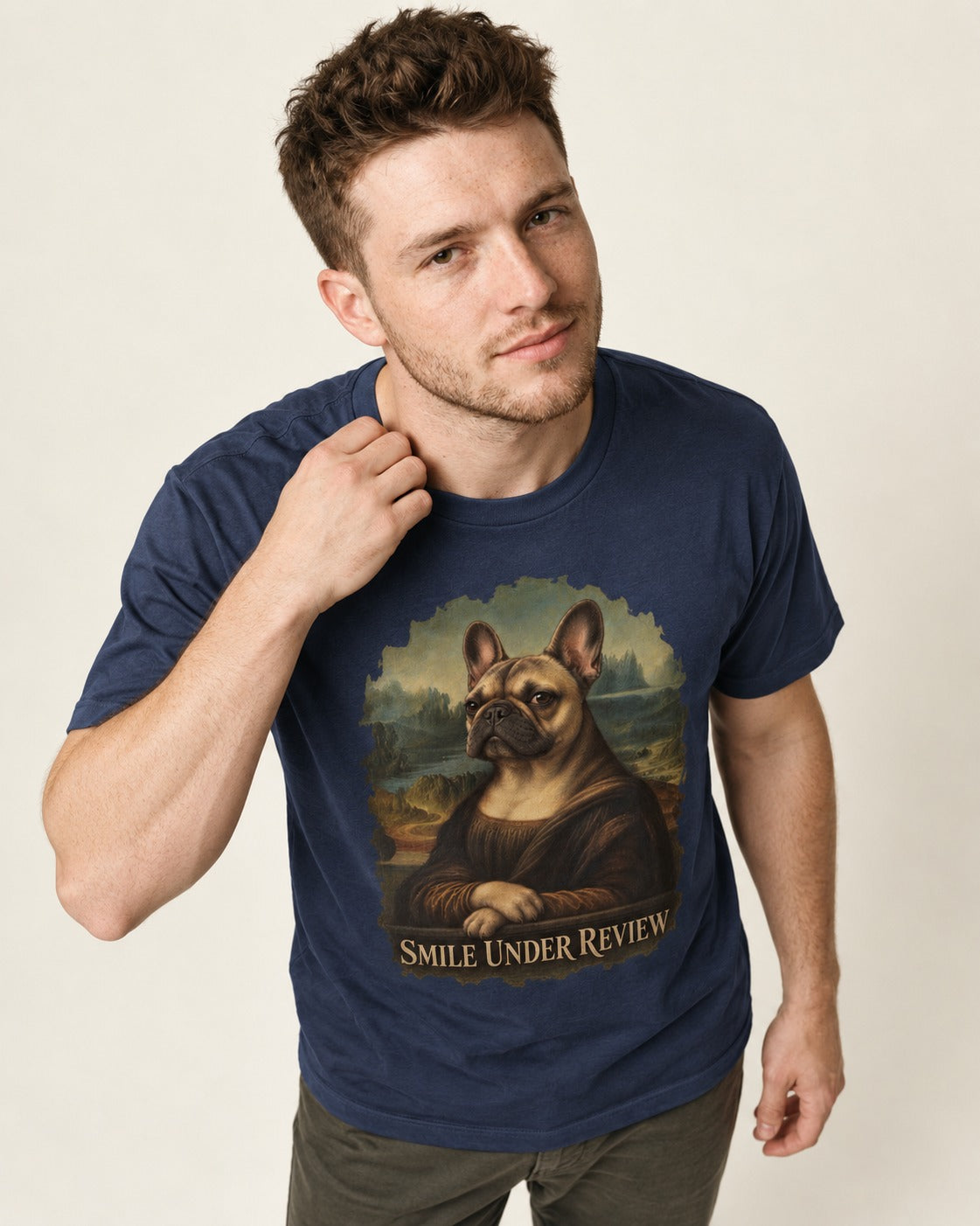 Frenchie Smile Under Review Renaissance Portrait T-Shirt in Navy, worn by a model