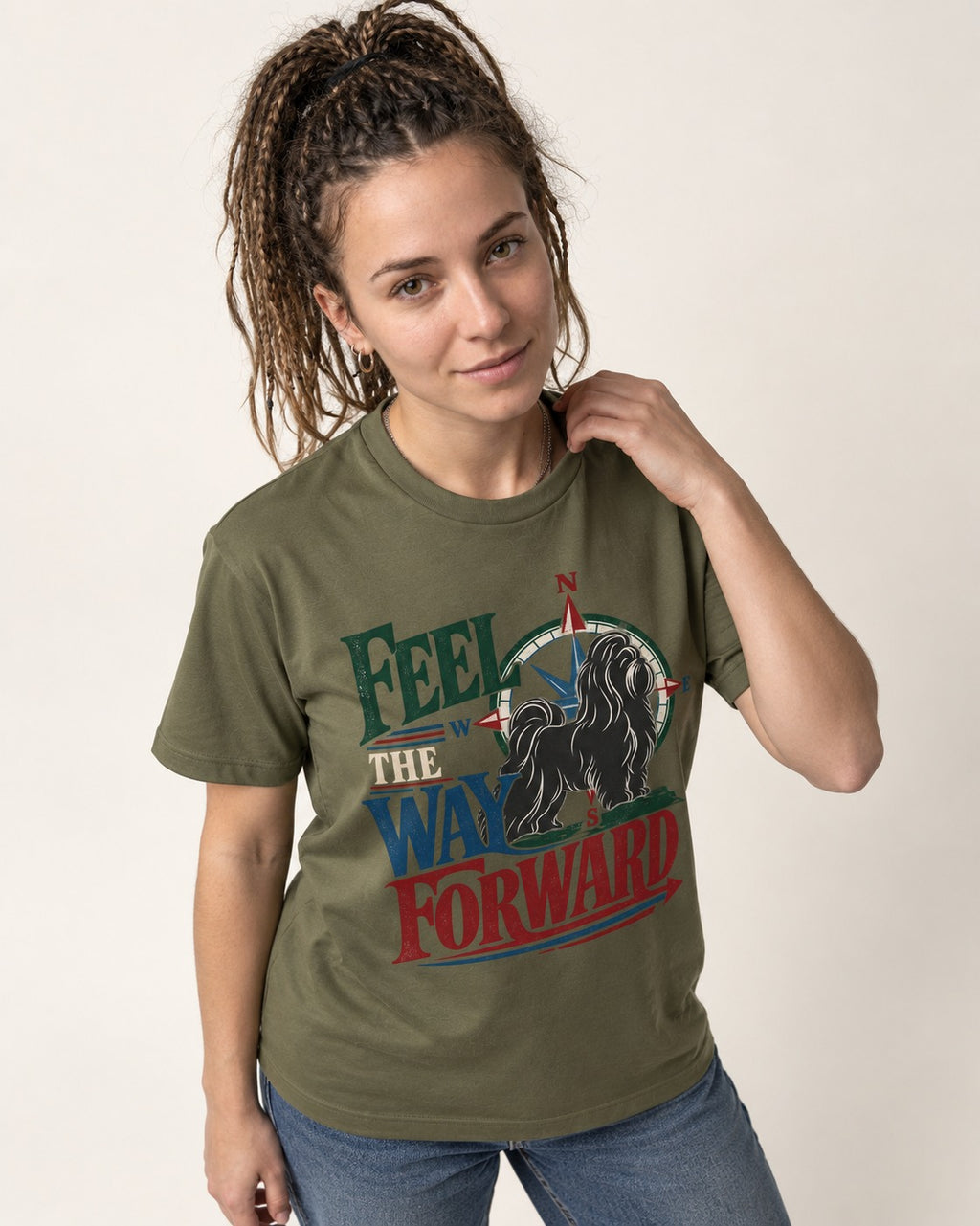 Shih Tzu Feel the Way Forward Compass Graphic T-Shirt in Heather Military Green, worn by a model