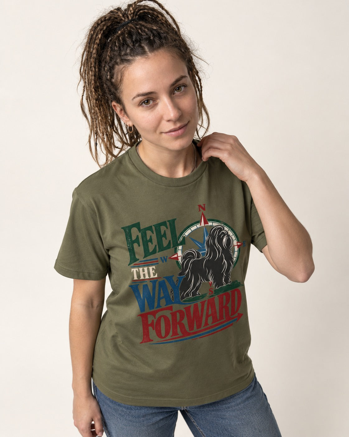 Shih Tzu Feel the Way Forward Compass Graphic T-Shirt in Heather Military Green, worn by a model