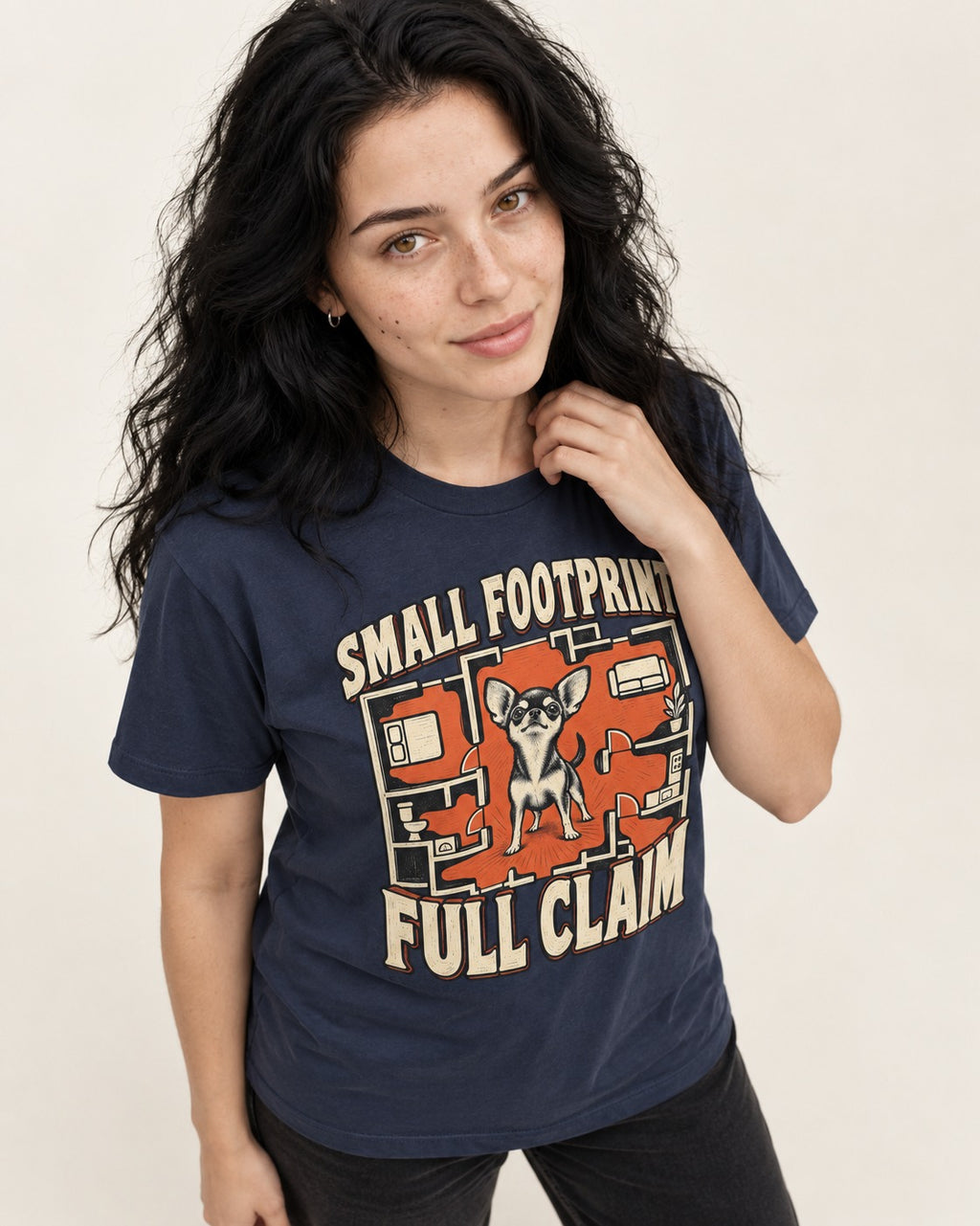 Chihuahua Small Footprint Full Claim Floor Plan Graphic T-Shirt in Navy, worn by a model