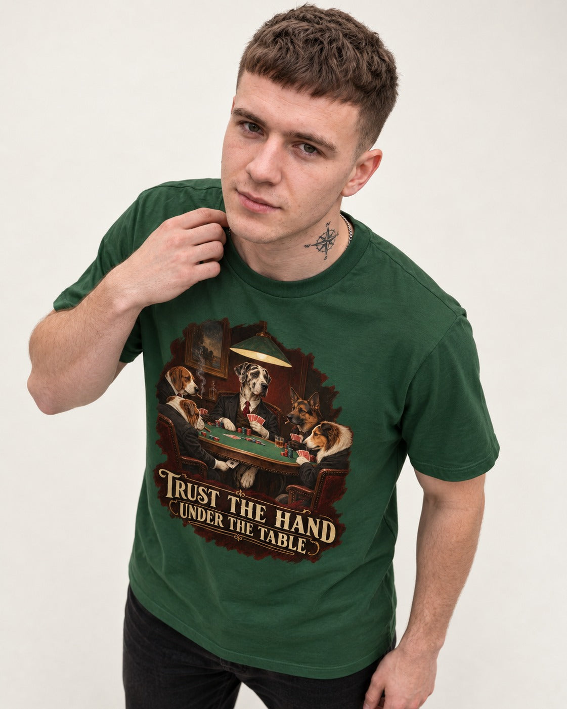 Great Dane Trust the Hand Under the Table Poker Graphic T-Shirt in Forest Green, worn by a model