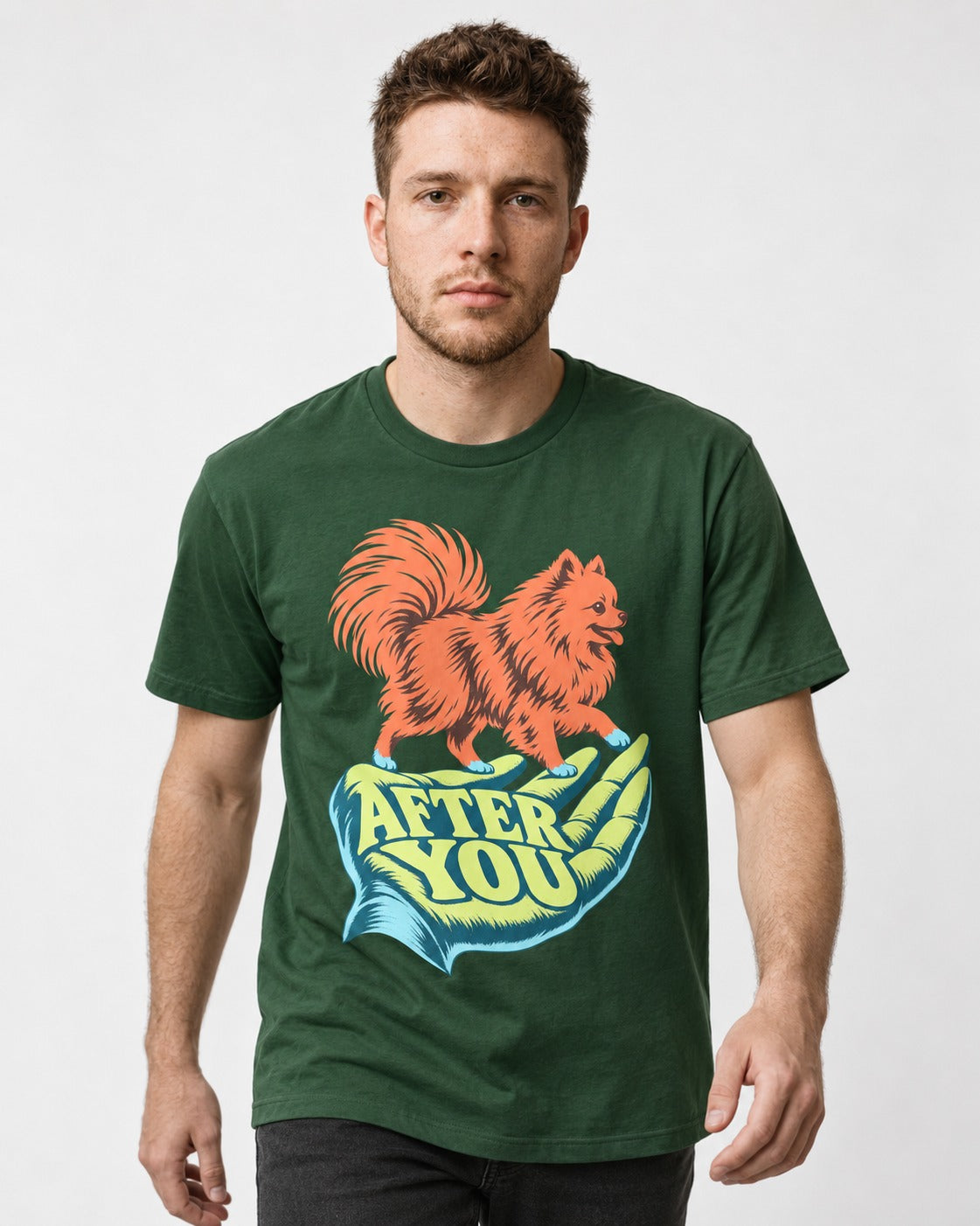 Pomeranian After You Helping Hand Graphic T-Shirt in Forest Green, worn by a model