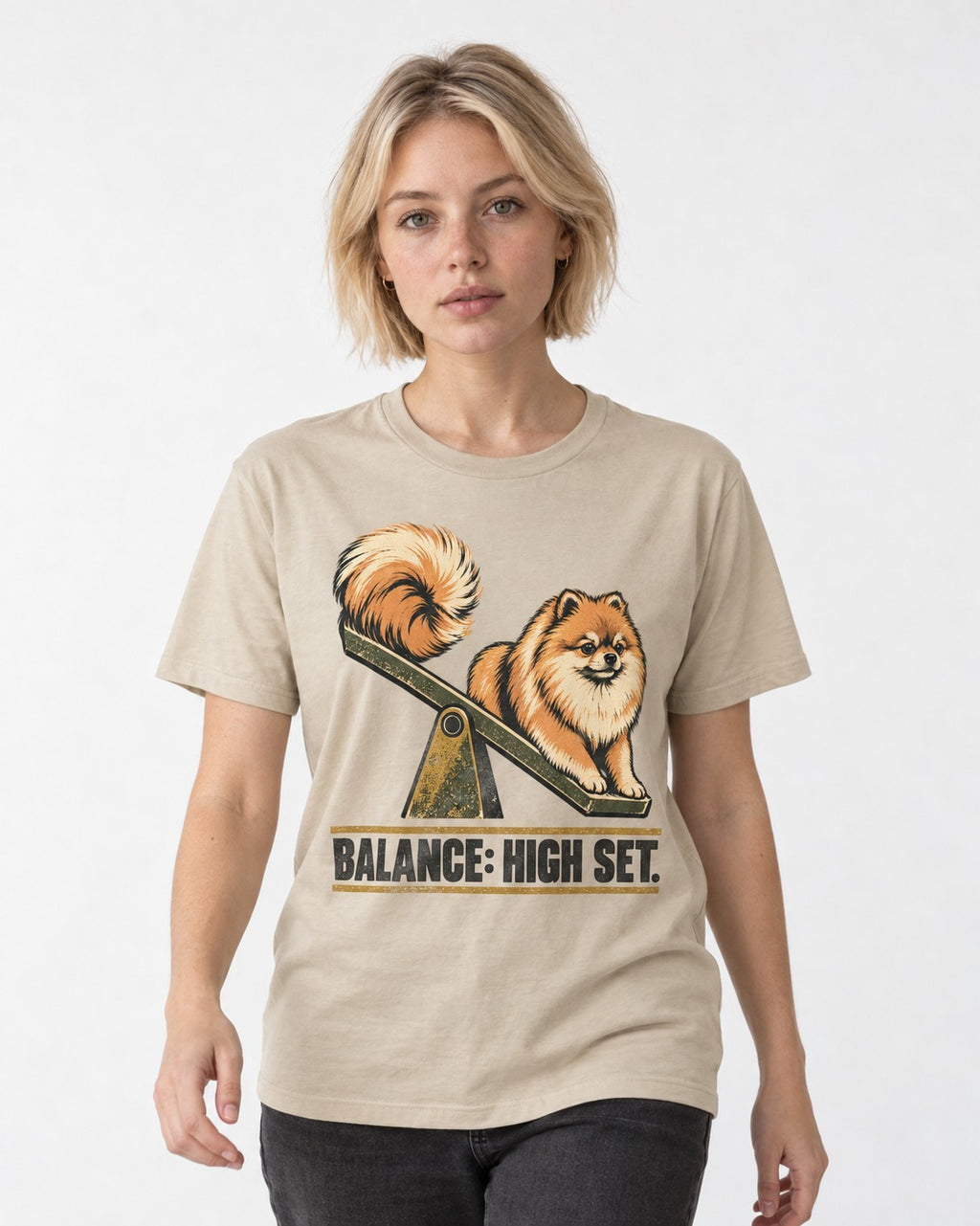 Pomeranian Balance High Set T-Shirt in Sand, worn by a model