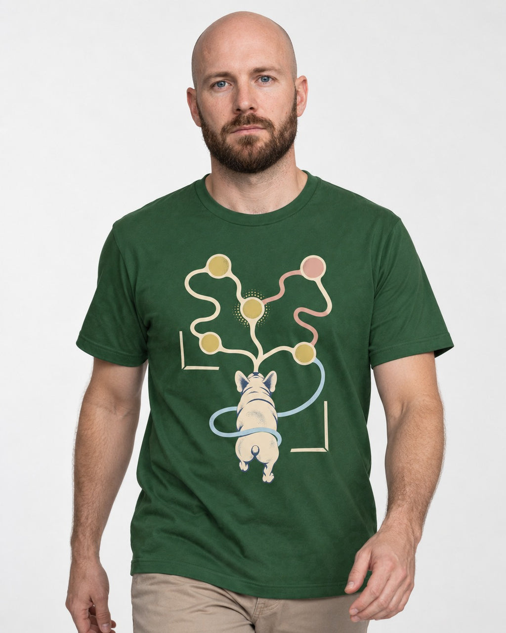 Frenchie Scent Circuit Rear View Graphic T-Shirt in Forest Green, worn by a model
