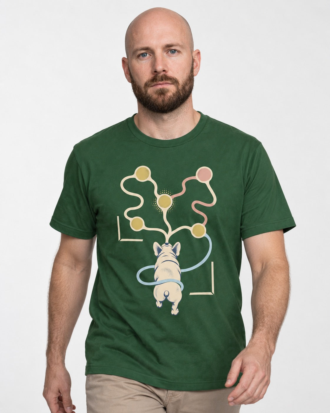 Frenchie Scent Circuit Rear View Graphic T-Shirt in Forest Green, worn by a model