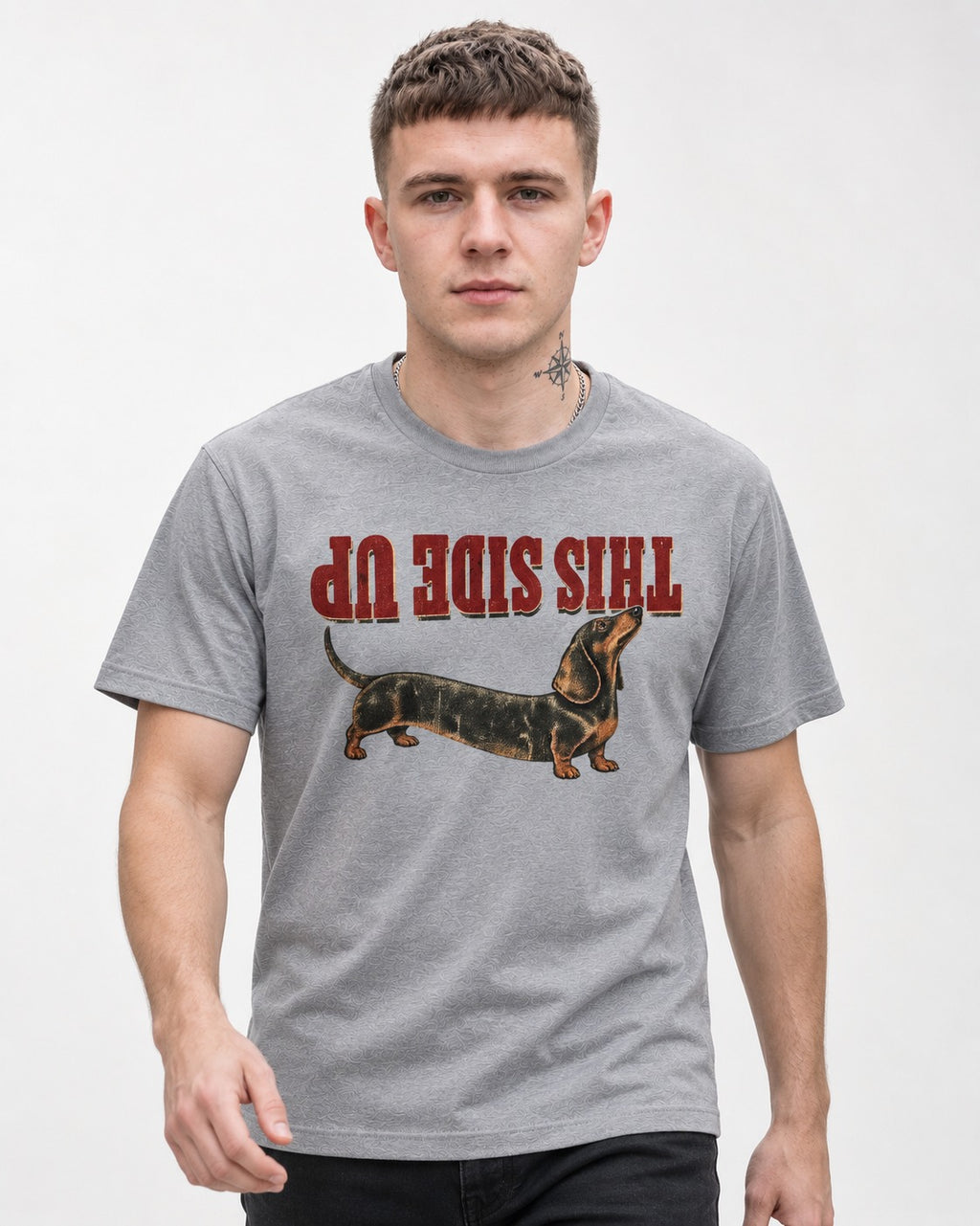 This Side Up Dachshund T-Shirt in Sport Grey, worn by a model