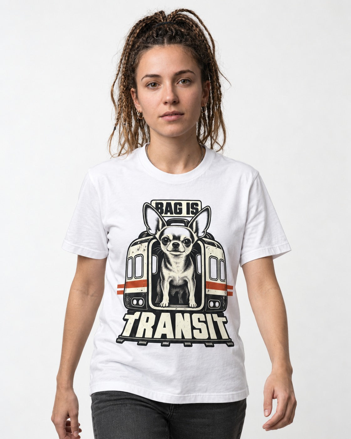 Chihuahua Bag Is Transit Train Front Graphic T-Shirt in White, worn by a model