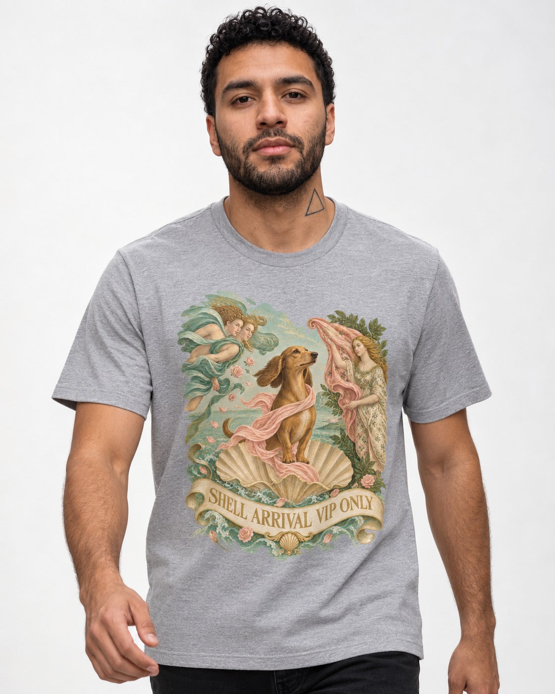 Dachshund Shell Arrival VIP Only Venus Parody Graphic T-Shirt in Sport Grey, worn by a model