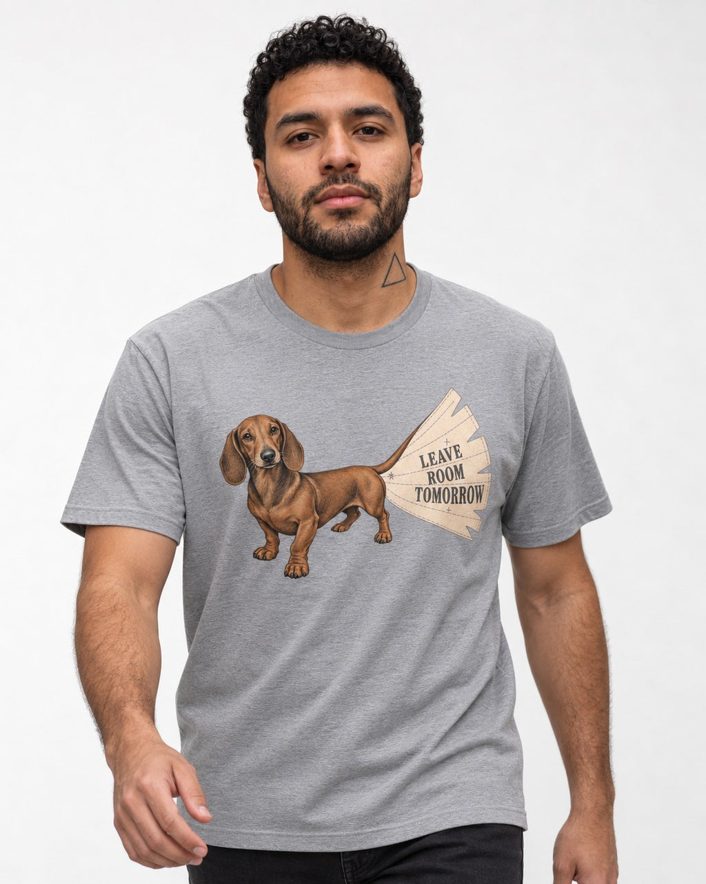 Dachshund Leave Room Tomorrow T-Shirt in Sport Grey, worn by a model