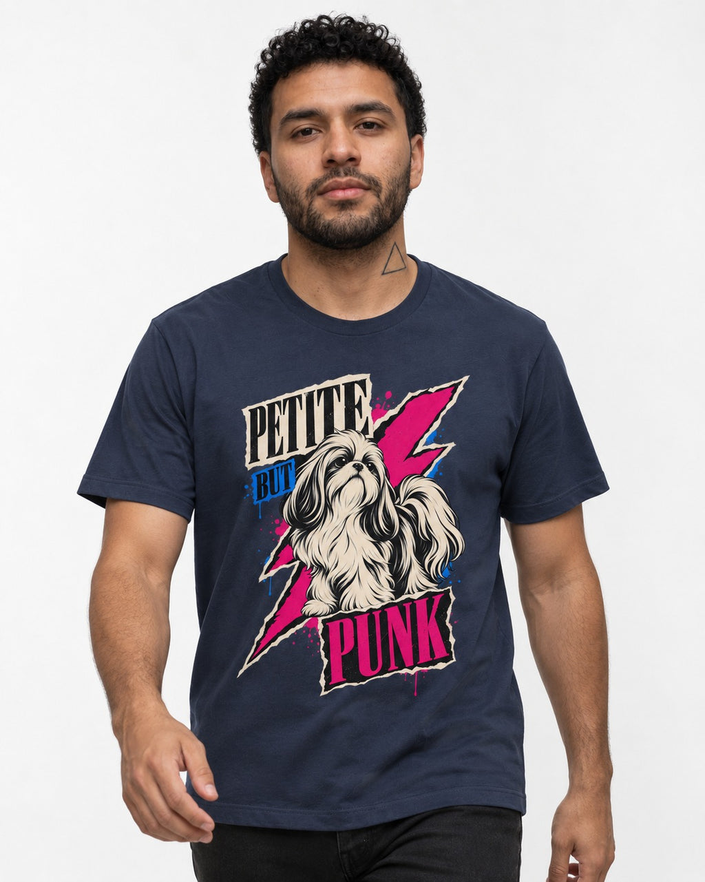 Shih Tzu Petite but Punk Lightning Graphic T-Shirt in Navy, worn by a model