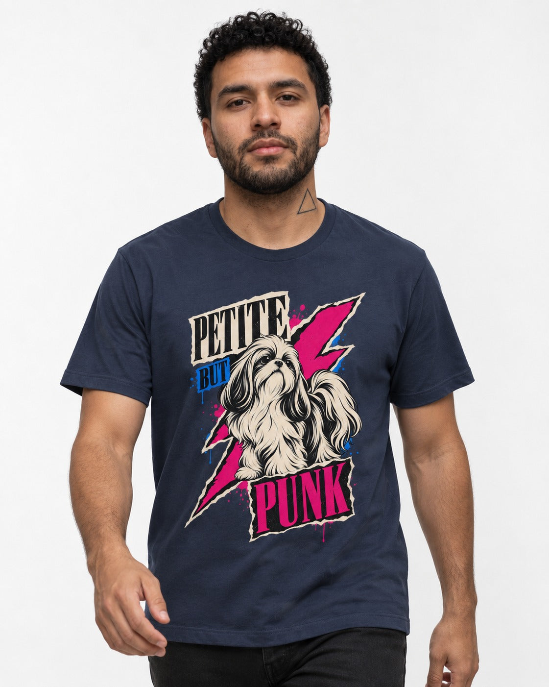 Shih Tzu Petite but Punk Lightning Graphic T-Shirt in Navy, worn by a model