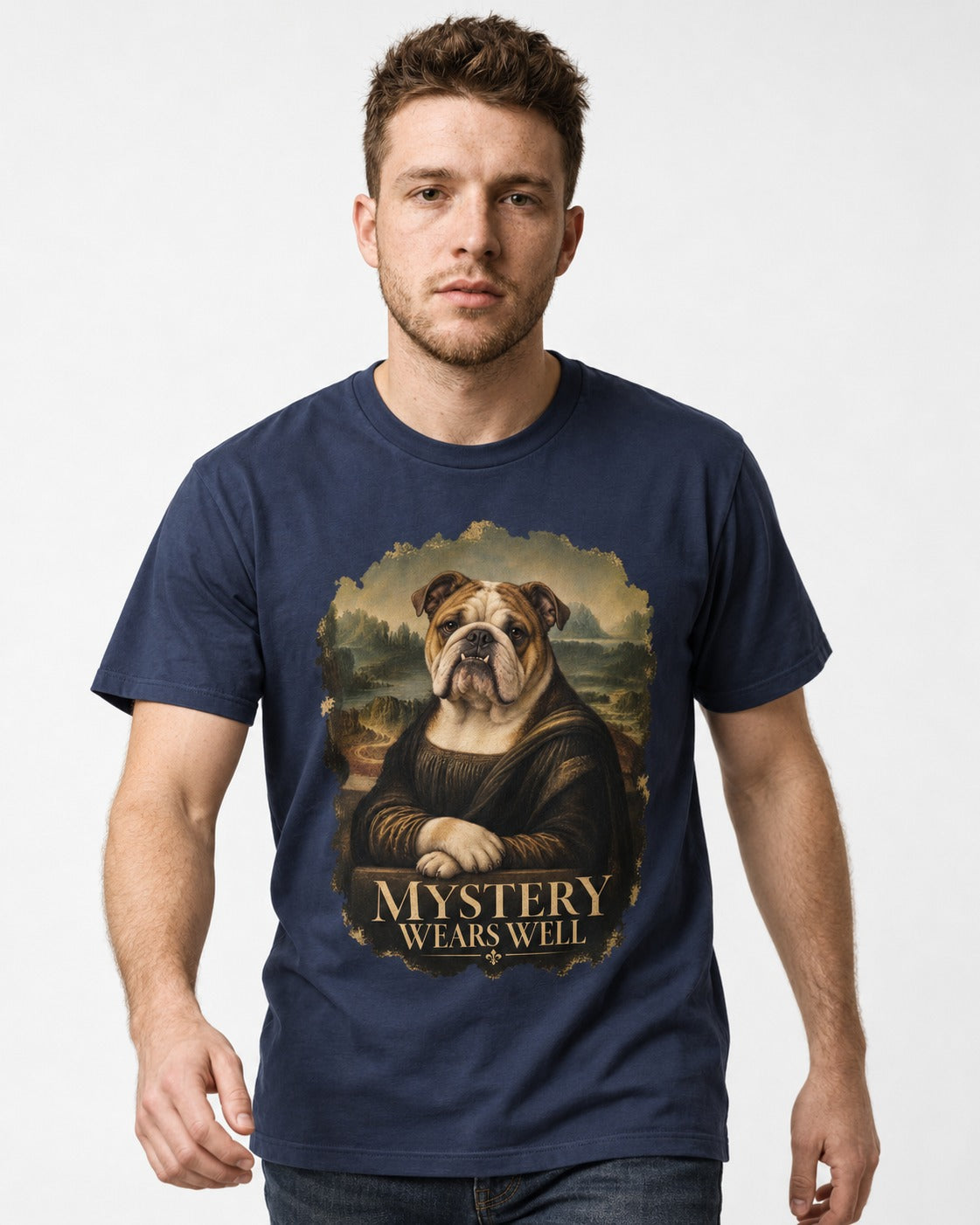 English Bulldog Mystery Wears Well Mona Lisa Portrait T-Shirt in Navy, worn by a model