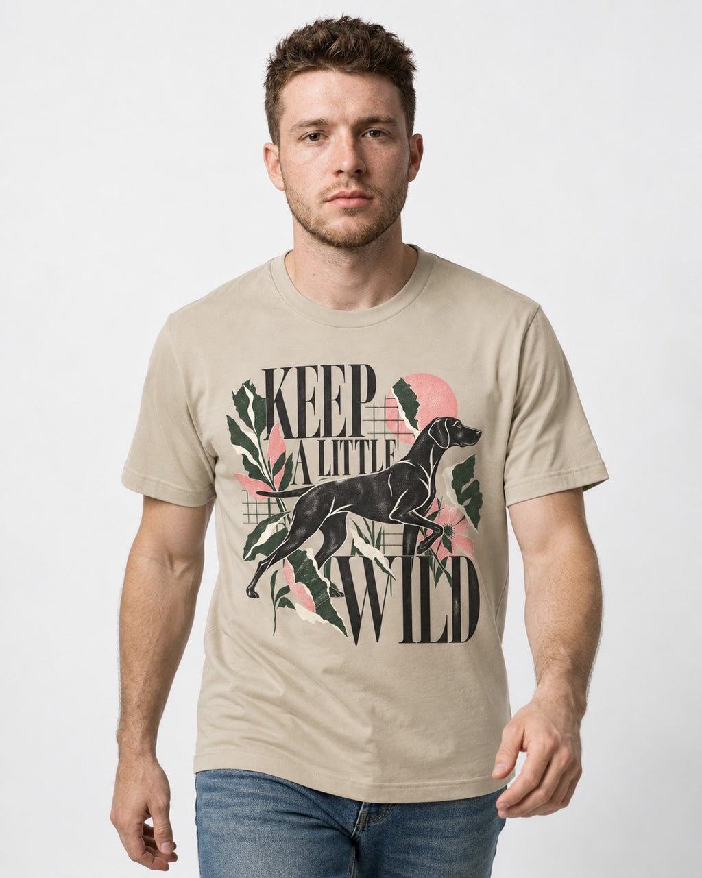 Keep a Little Wild German Shorthaired Pointer T-Shirt in Sand, worn by a model