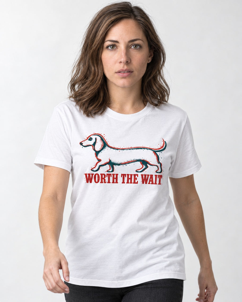 Dachshund Worth The Wait Distressed Outline Graphic T-Shirt in White, worn by a model