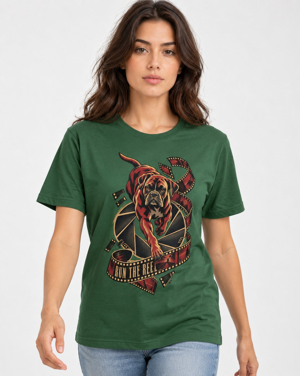 Run the Reel Boxer Film Graphic T-Shirt in Forest Green, worn by a model