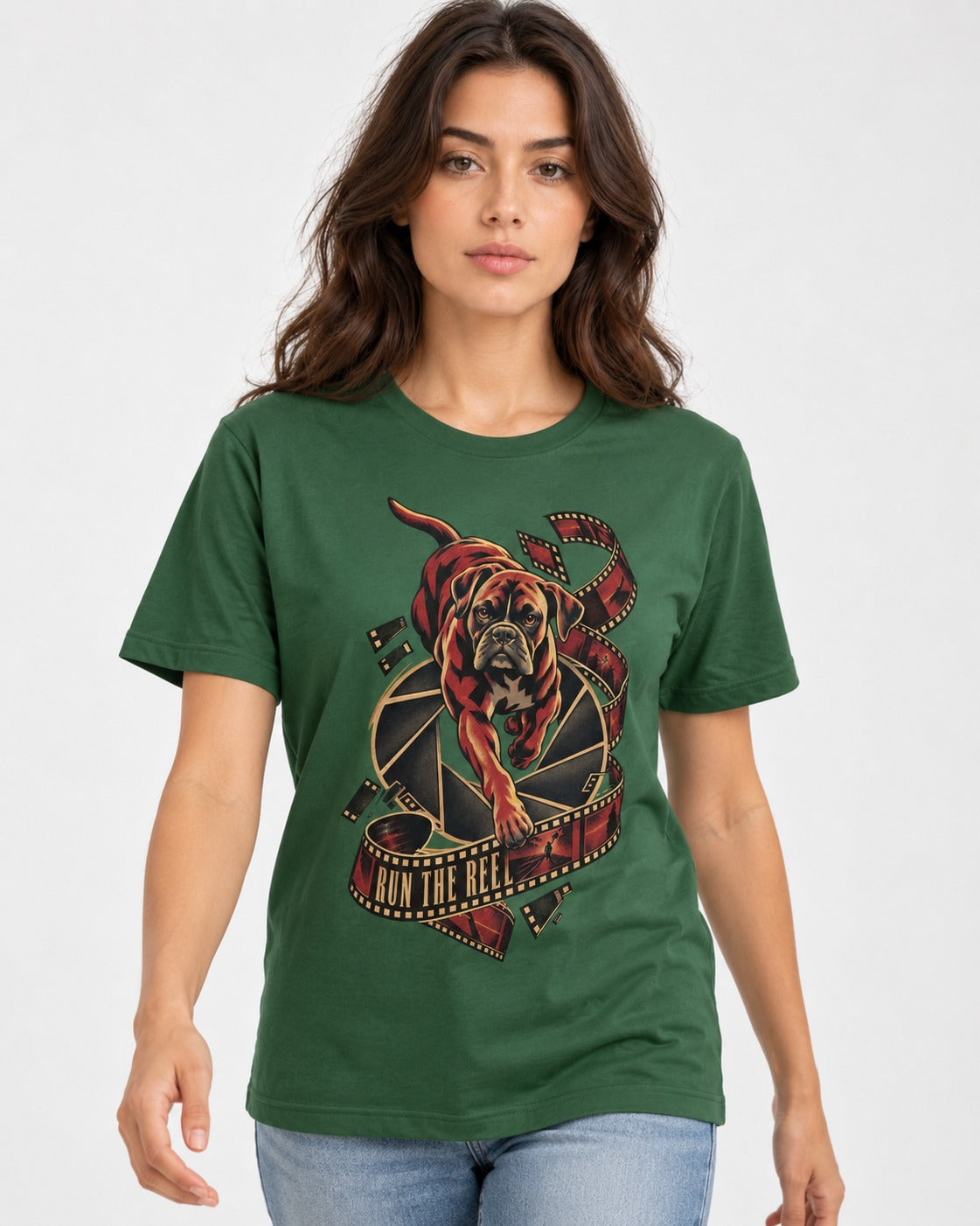 Run the Reel Boxer Film Graphic T-Shirt in Forest Green, worn by a model