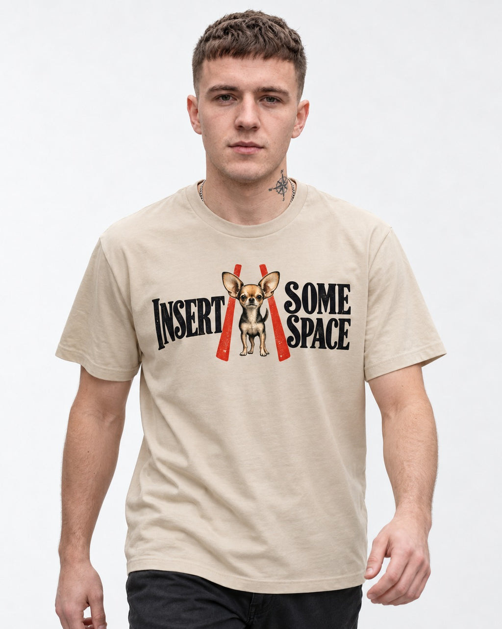 Insert Some Chihuahua Space T-Shirt in Sand, worn by a model